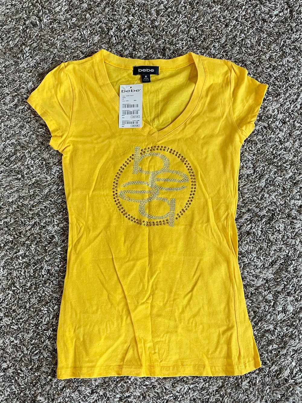 bebe Yellow V-Neck Rhinestone Logo Tee